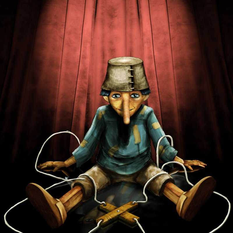 Illustration av Pinocchio med en spann på huvudet