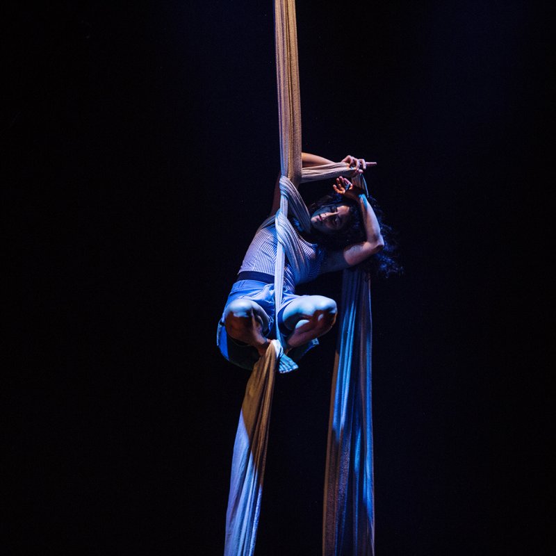 Cirkusartist hänger i ett tygstycke som är virat kring benen och ena armen.