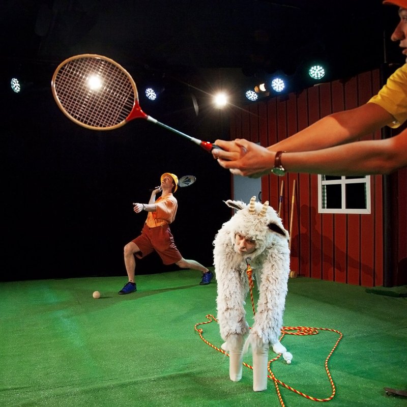 De spelar badminton med ett får