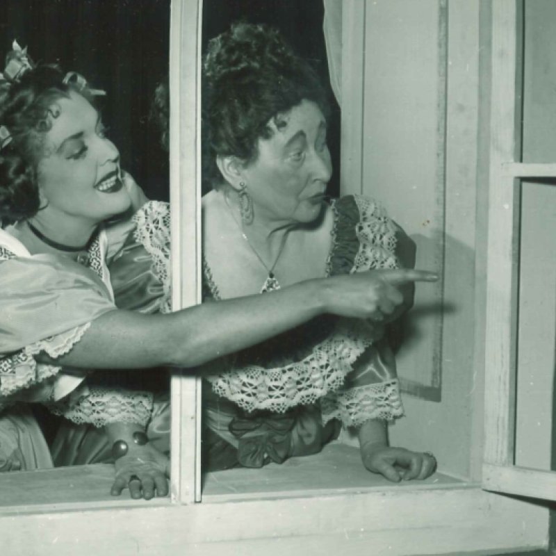 två kvinnor tittar och pekar ut genom ett fönster