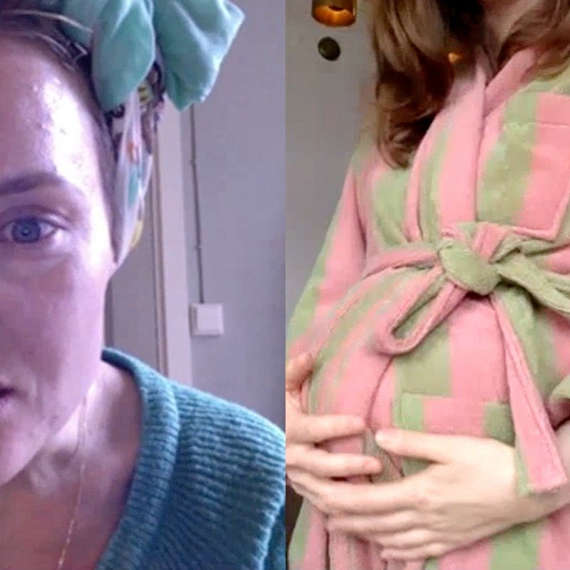 Screenshot på en kvinna i närbild och på en kvinna med gravidmage i morgonrock.