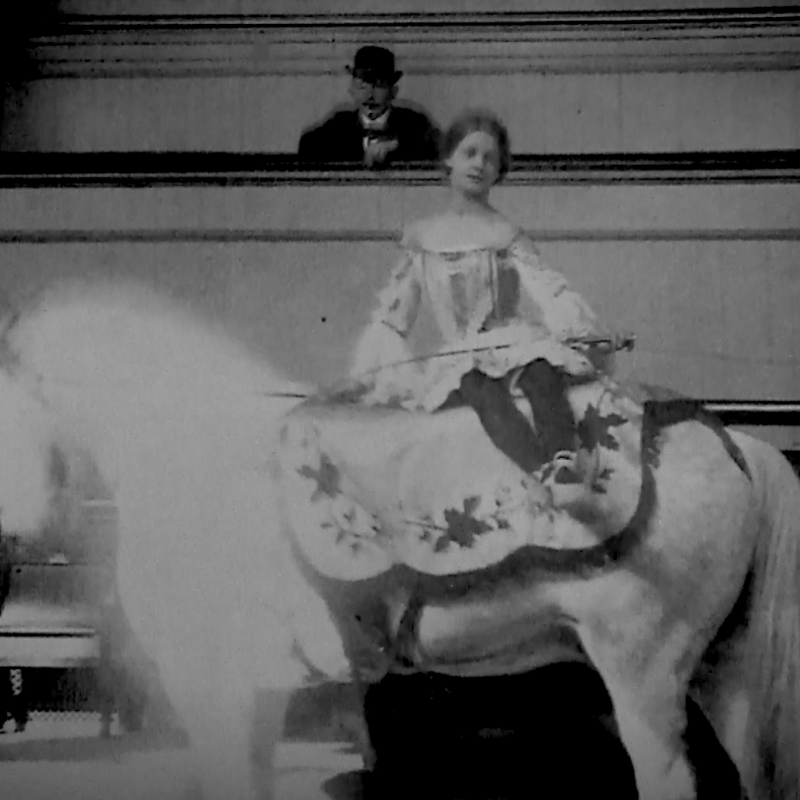 Gammal bild på en flicka som sitter på en häst inne i cirkusen på Hipp. Bakom henne sitter en man i plommonstop på läktaren.