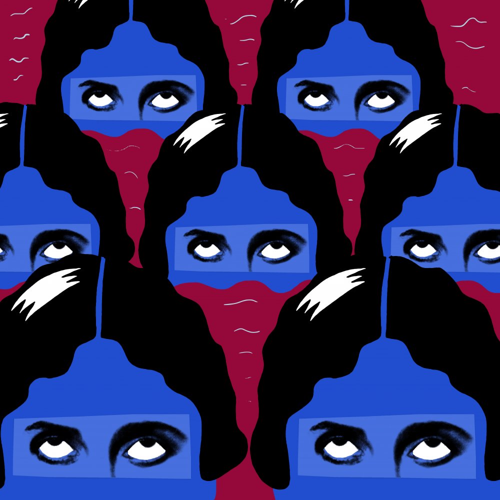 Grafiskt mönster med blå kvinnor som sticker upp huvudet ur rött vatten