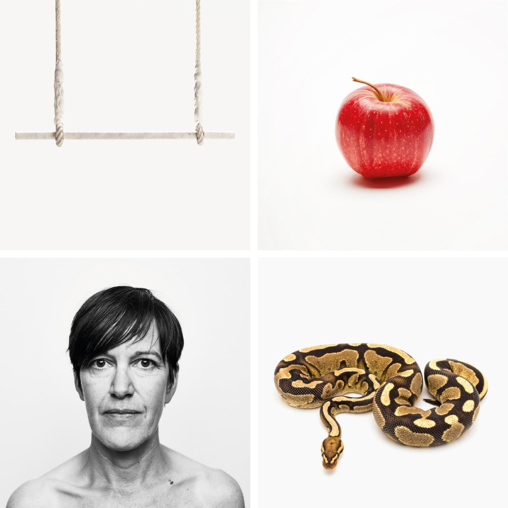 Skådespelaren Cecilia Lindqvist, en trapets, ett äpple och en orm