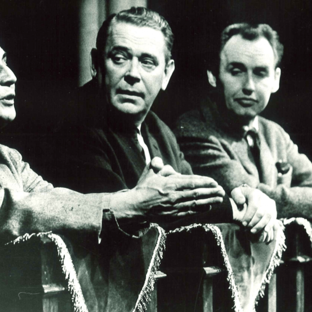 Tre män vid staket