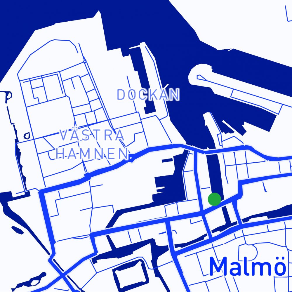 Karta över västra hamnen med Anna Lindhs plats markerad med en grön prick